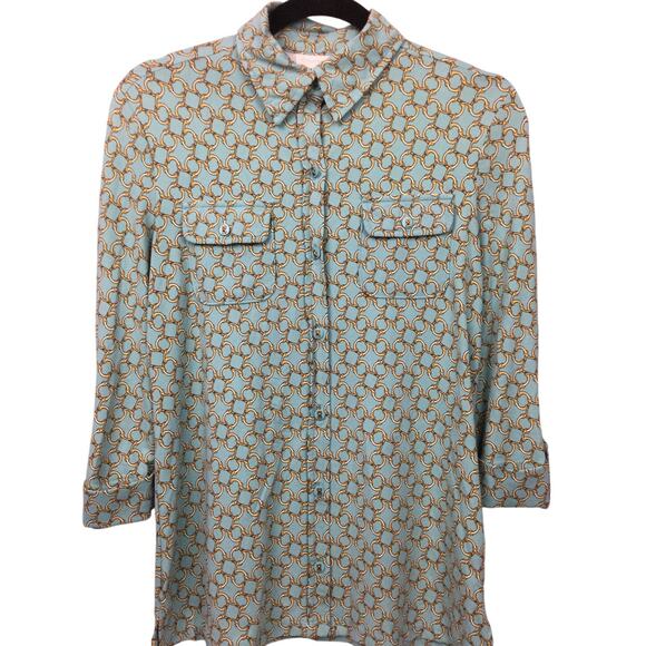 Charter Club Chain Link Classic Collared Flap Pockets 3/4 Sleeve Blouse Size S - Picture 1 of 11